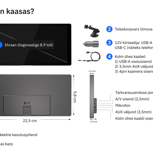 Mis on kaasas? 1. Ekraan diagonaaliga 10,3 tolli; 2) Teleskoopvars liimuva iminapaga, 3) 12V kiirlaadija: USB-A (ekraan), USB-C (näiteks telefonilaadija), 4) Kolm ühes kaabel 1) USB-A voolusisend, 2) 3,5mm AUX-väljund, 3) 4pin kaamera sisend; 5) Ingliskeelne kasutusjuhend; 6) Viisakas karp. Seadme tagaküljel olevad pordid: Tarkvarauuenduse port (USB-C), A/V sisend (2,5mm), Mikrofon, AUX väljund (3,5mm), Kolm ühes kaabli sisend (USB-C). Seadme mõõtmed: Ekraani diagonaal 8,9 tolli. Ekraani alumise ääre pikkus 22,5cm, ekraani lühema külje pikkus (kõrgus) 9,8cm.