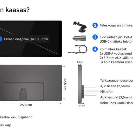 Mis on kaasas? 1. Ekraan diagonaaliga 10,3 tolli; 2) Teleskoopvars liimuva iminapaga, 3) 12V kiirlaadija: USB-A (ekraan), USB-C (näiteks telefonilaadija), 4) Kolm ühes kaabel 1) USB-A voolusisend, 2) 3,5mm AUX-väljund, 3) 4pin kaamera sisend; 5) Ingliskeelne kasutusjuhend; 6) Viisakas karp. Seadme tagaküljel olevad pordid: Tarkvarauuenduse port (USB-C), A/V sisend (2,5mm), Mikrofon, AUX väljund (3,5mm), Kolm ühes kaabli sisend (USB-C). Seadme mõõtmed: Ekraani diagonaal 10,3 tolli. Ekraani alumise ääre pikkus 26,5cm, ekraani lühema külje pikkus (kõrgus) 12,5cm.