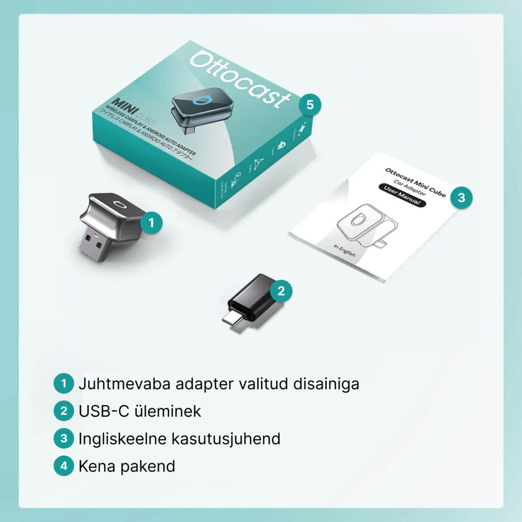 1) Juhtmevaba adapter valitud disainiga 2) USB-C üleminek 3) Ingliskeelne kasutusjuhend 4) Kena pakend