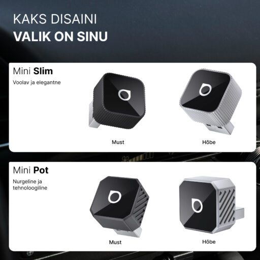 Kaks disaini. Valik on Sinu: 1) Mini Slim: Voolav ja elegantne (saadaval musta ja hõbedase äärisega) 2) Mini Pot: Nurgeline ja tehnoloogiline (saadaval musta ja hõbedase äärisega)