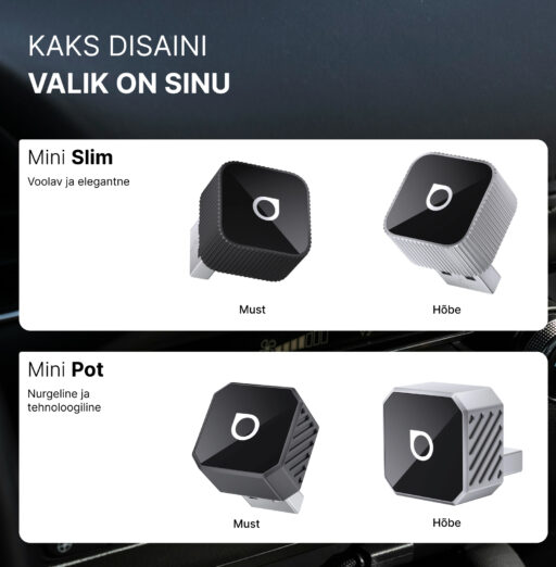 Kaks disaini. Valik on Sinu: 1) Mini Slim: Voolav ja elegantne (saadaval musta ja hõbedase äärisega) 2) Mini Pot: Nurgeline ja tehnoloogiline (saadaval musta ja hõbedase äärisega)