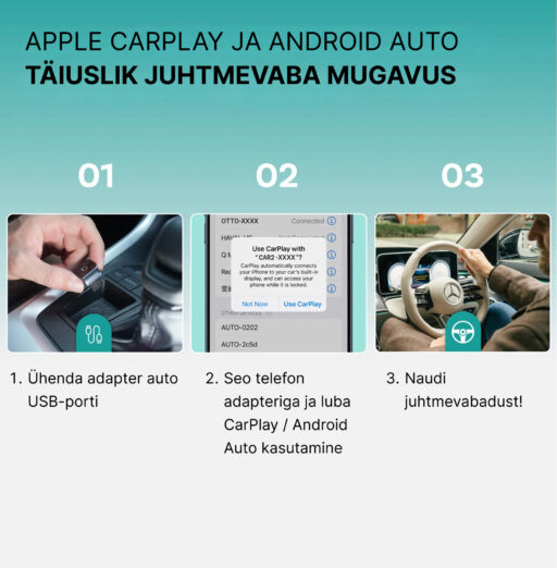 Apple CarPlay ja Android Auto. Täiuslik juhtmevaba mugavus. 1. Ühenda adapter auto USB-porti. 2. Seo telefon seadmega ja luba CarPlay / Android Auto kasutamine 3. Naudi juhtmevabadust!