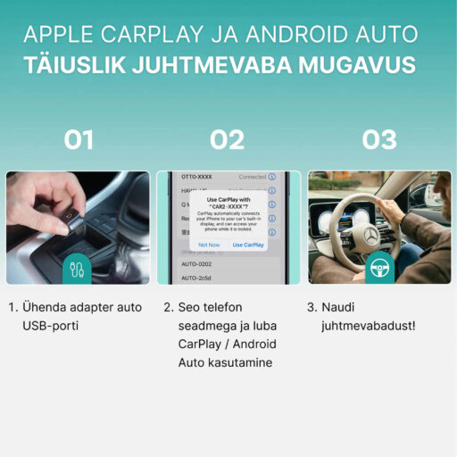 Apple CarPlay ja Android Auto. Täiuslik juhtmevaba mugavus. 1. Ühenda adapter auto USB-porti. 2. Seo telefon seadmega ja luba CarPlay / Android Auto kasutamine 3. Naudi juhtmevabadust!