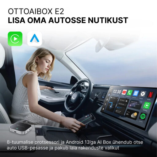 OttoAiBox E2 – Lisa oma autosse nutikust. 8-tuumalise protsessori ja Android 13’ga AI Box ühendub otse auto USB-pesasse ja pakub laia rakenduste valikut.