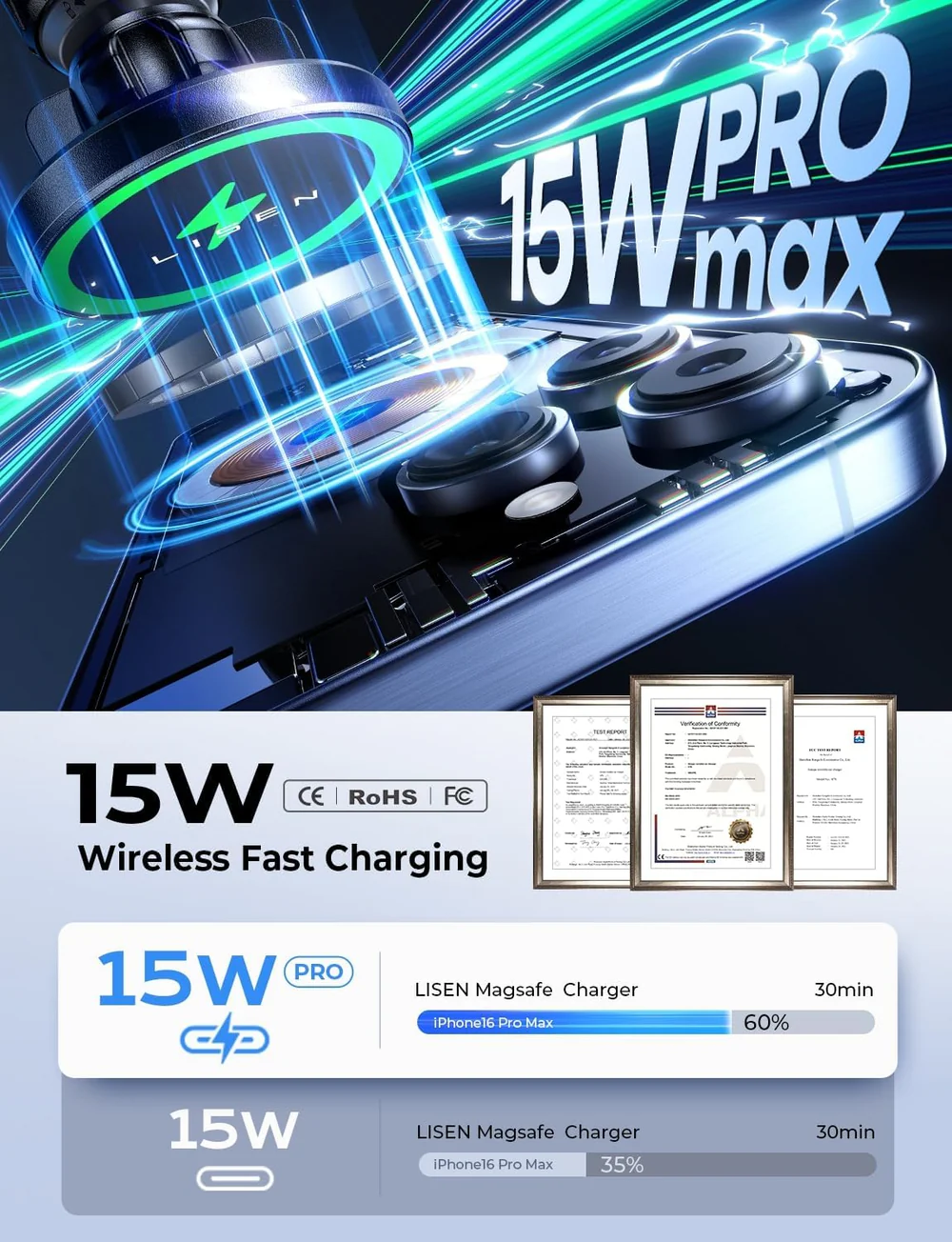 Lisen Strong 15W juhtmevaba laadija autosse, MagSafe magnetkinnitusega, Qi2 - Image 2
